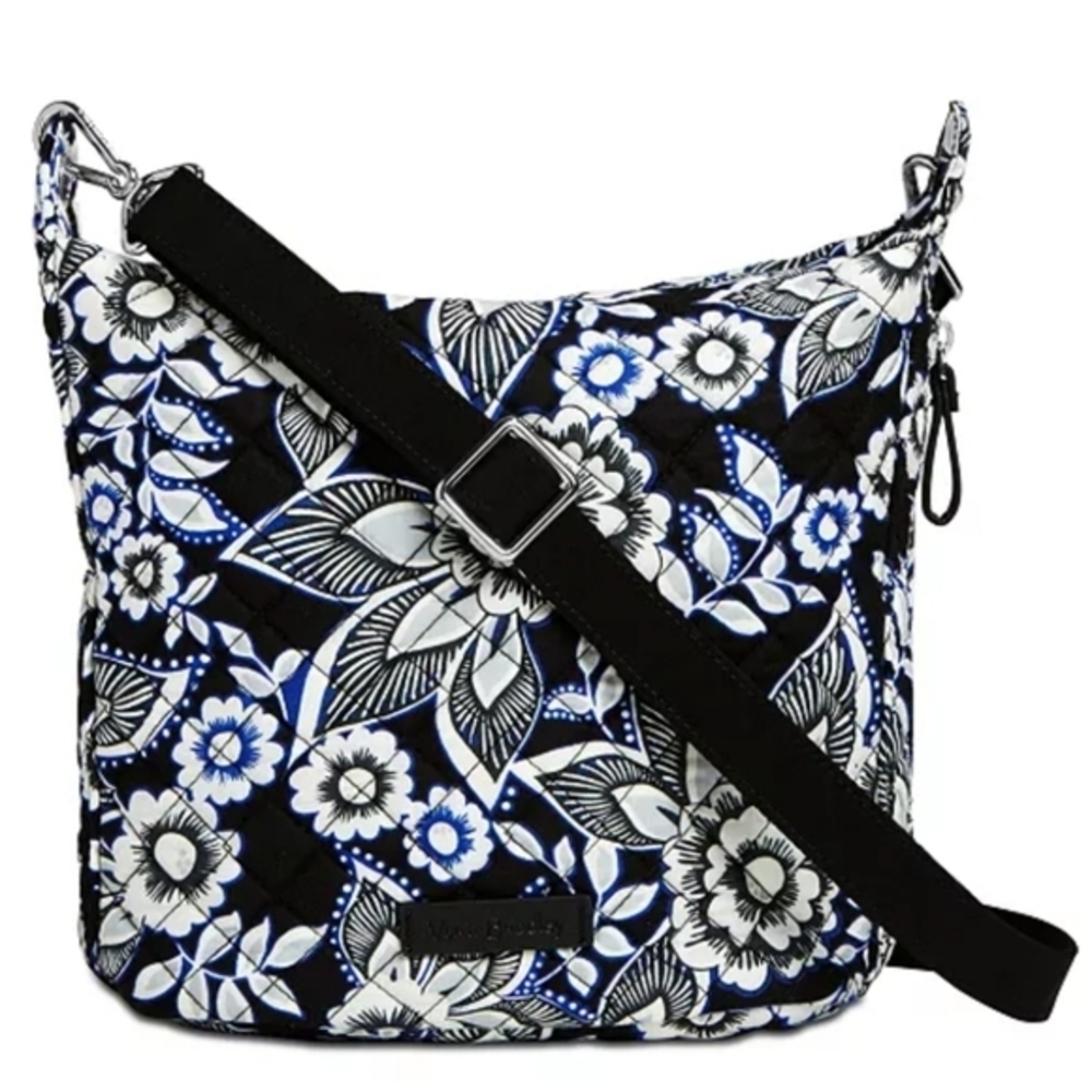 Vera‎ Bradley Carson Hobo Crossbody Bag Snow Lotus Black White Blue